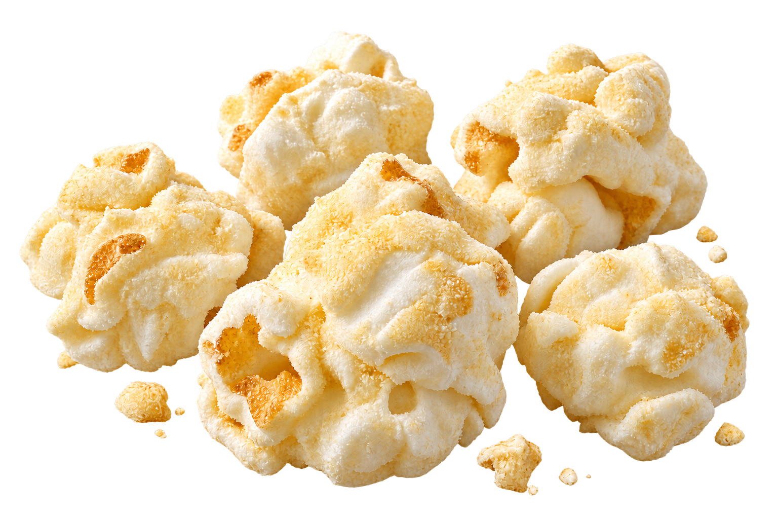 Fluffy, lightly seasoned popcorn kernels, close up